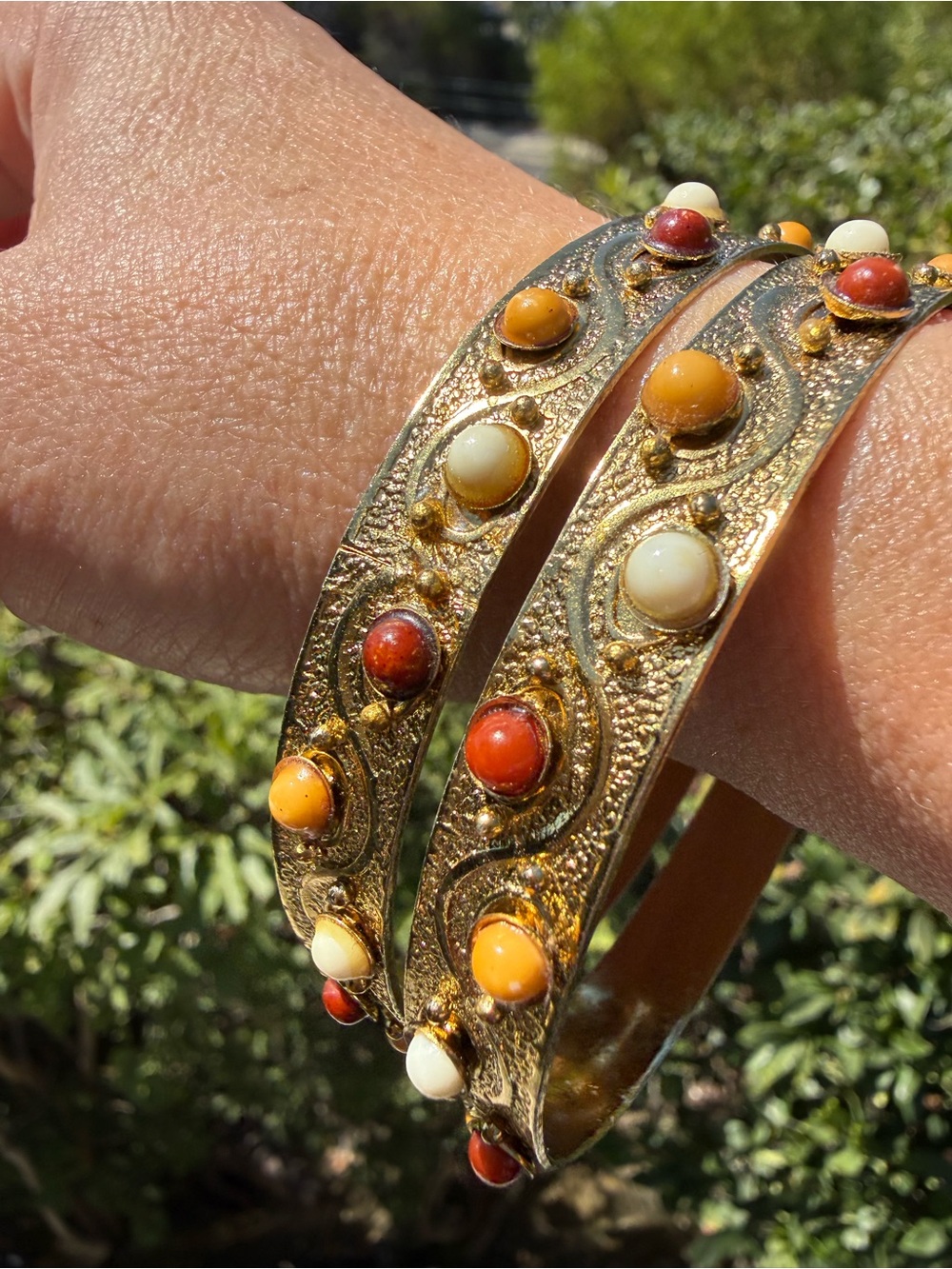 Gold-Tone Multi-Stone Bangle Bracelets - Red, Orange, Cream